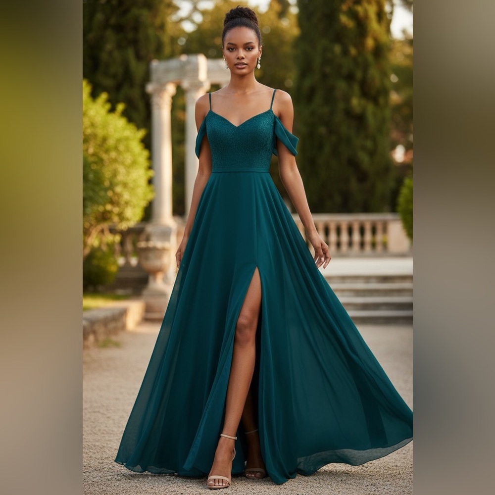 Elegant Emerald Formal Gown – Side Slit & Cold-Shoulder Straps – Evening Dress